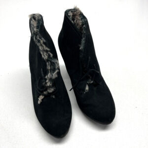 Leila Stone Faux Fur Heel Boots 10 Lace Up Brown Black Ankle Booties Glam